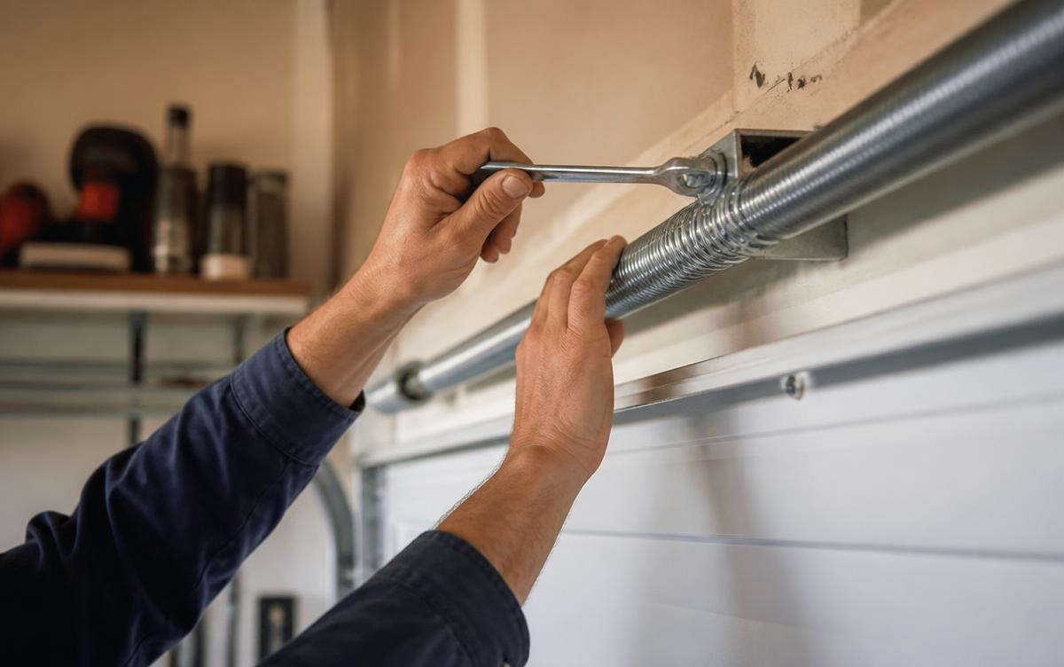 Technician tightening a torsion spring during a garage door repair