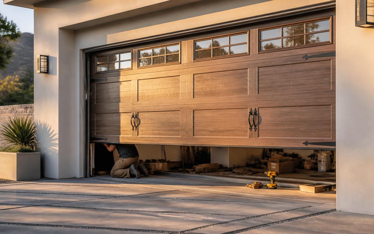 New carriage-house garage door with windows being installed