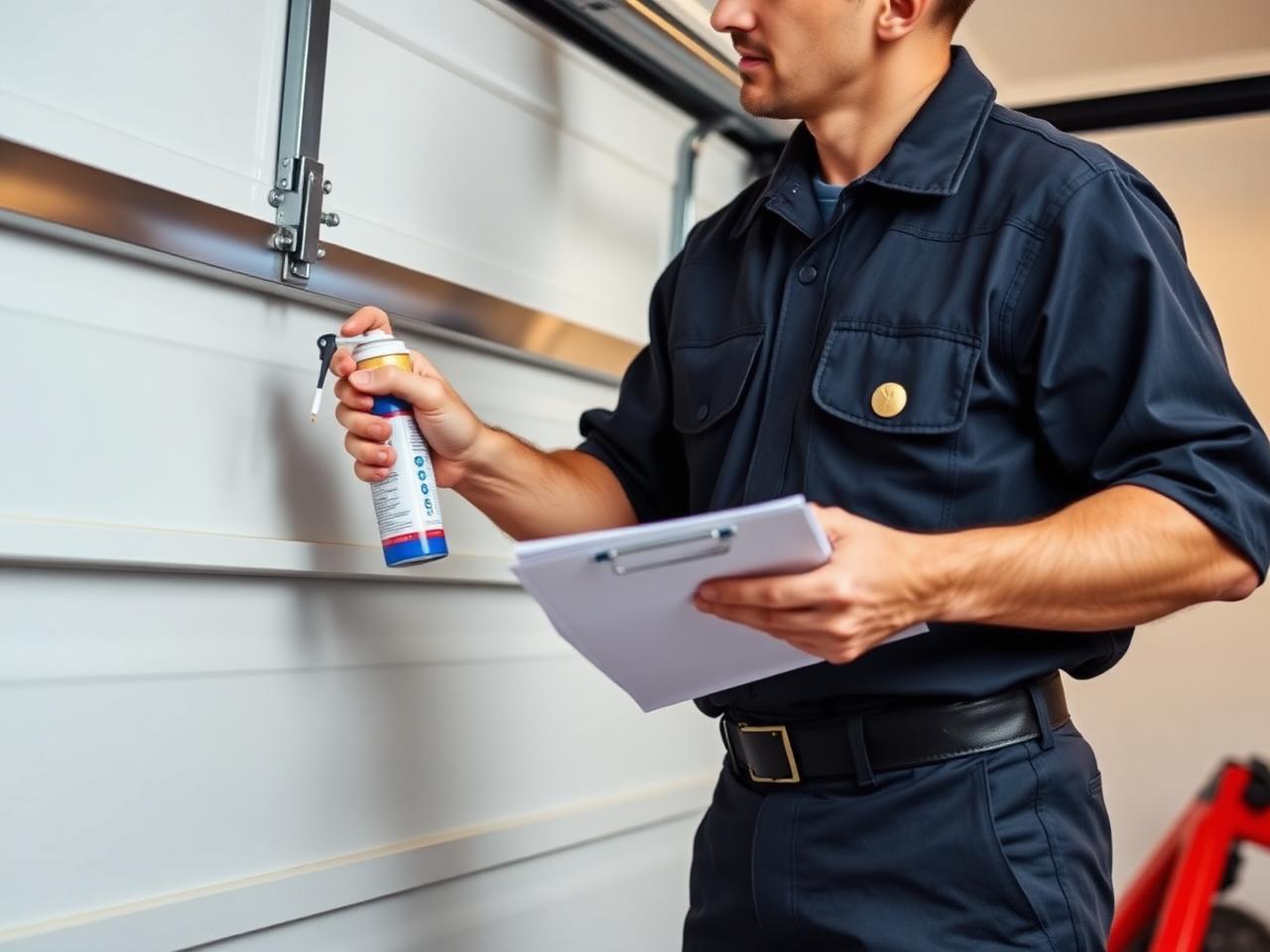 Technician lubricating hinges and running a garage door safety inspection checklist