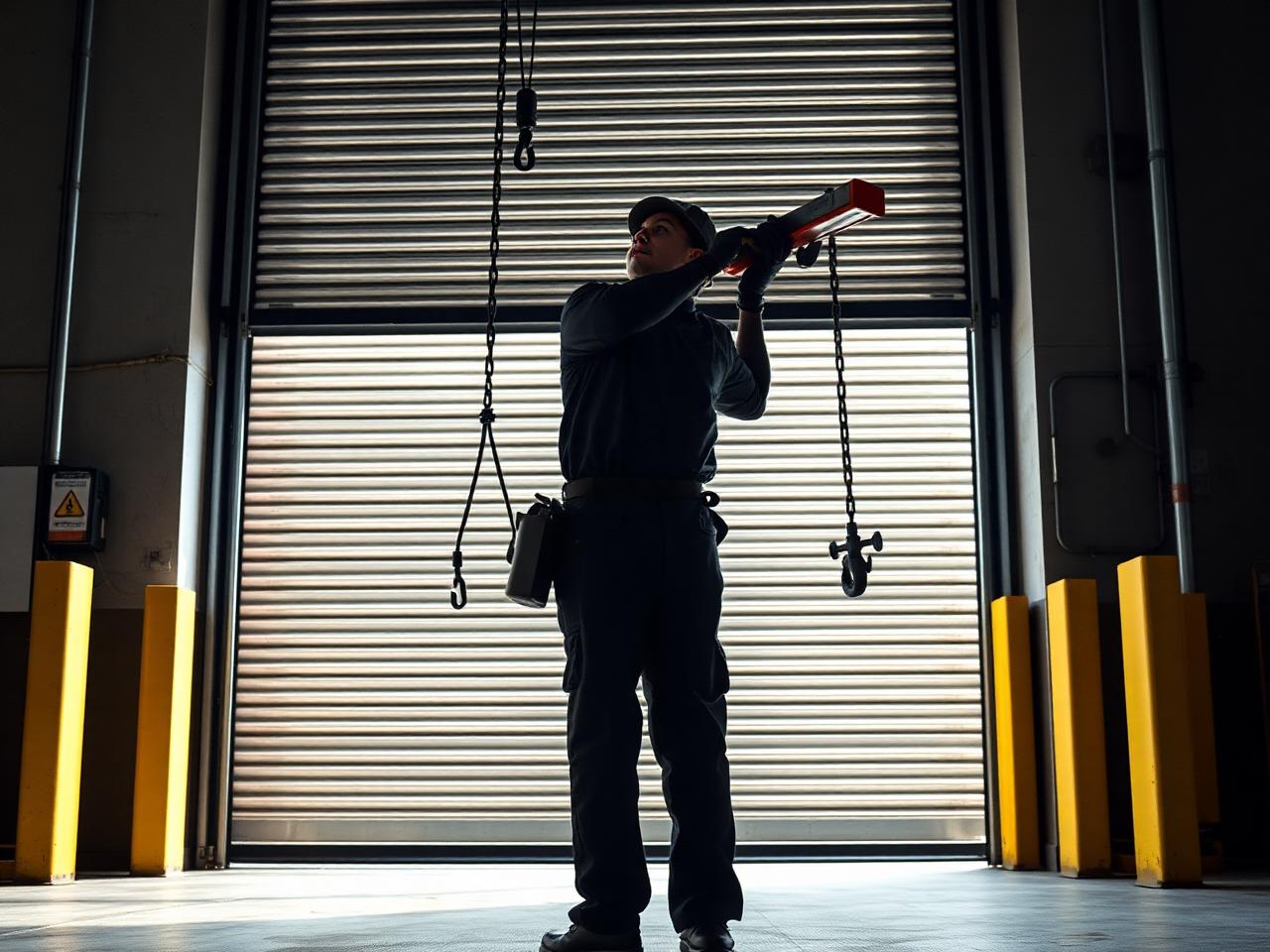 Technician servicing a commercial rolling steel door at a Central Valley warehouse loading bay
