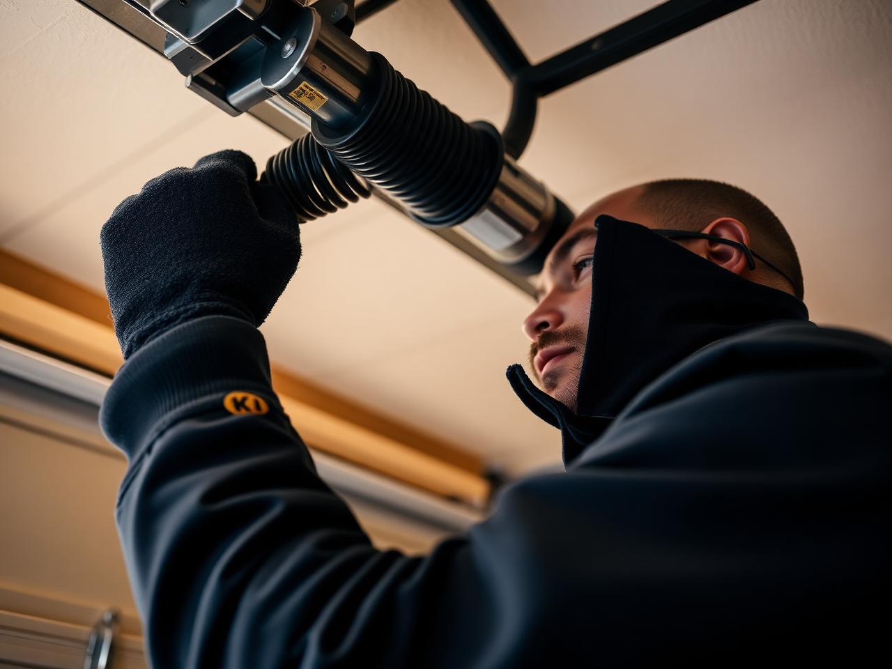 Technician winding a new torsion spring above a residential garage door in Fresno, CA
