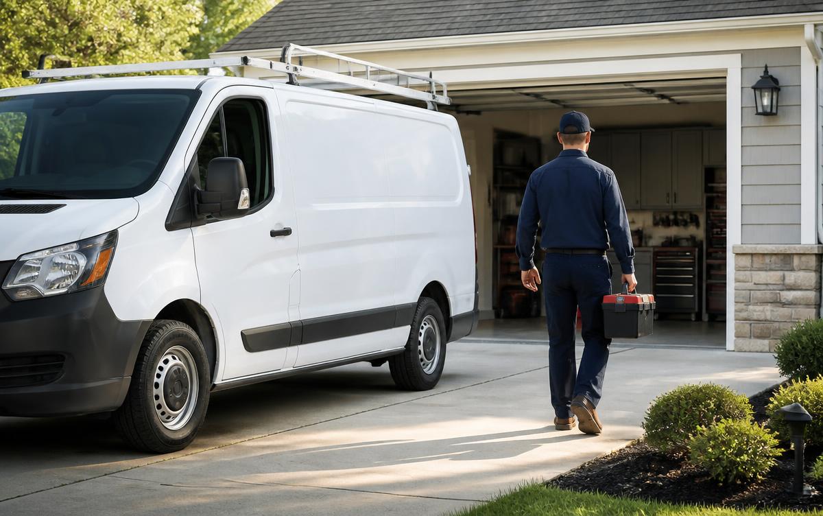 Service van parked in a driveway for a garage door repair call
