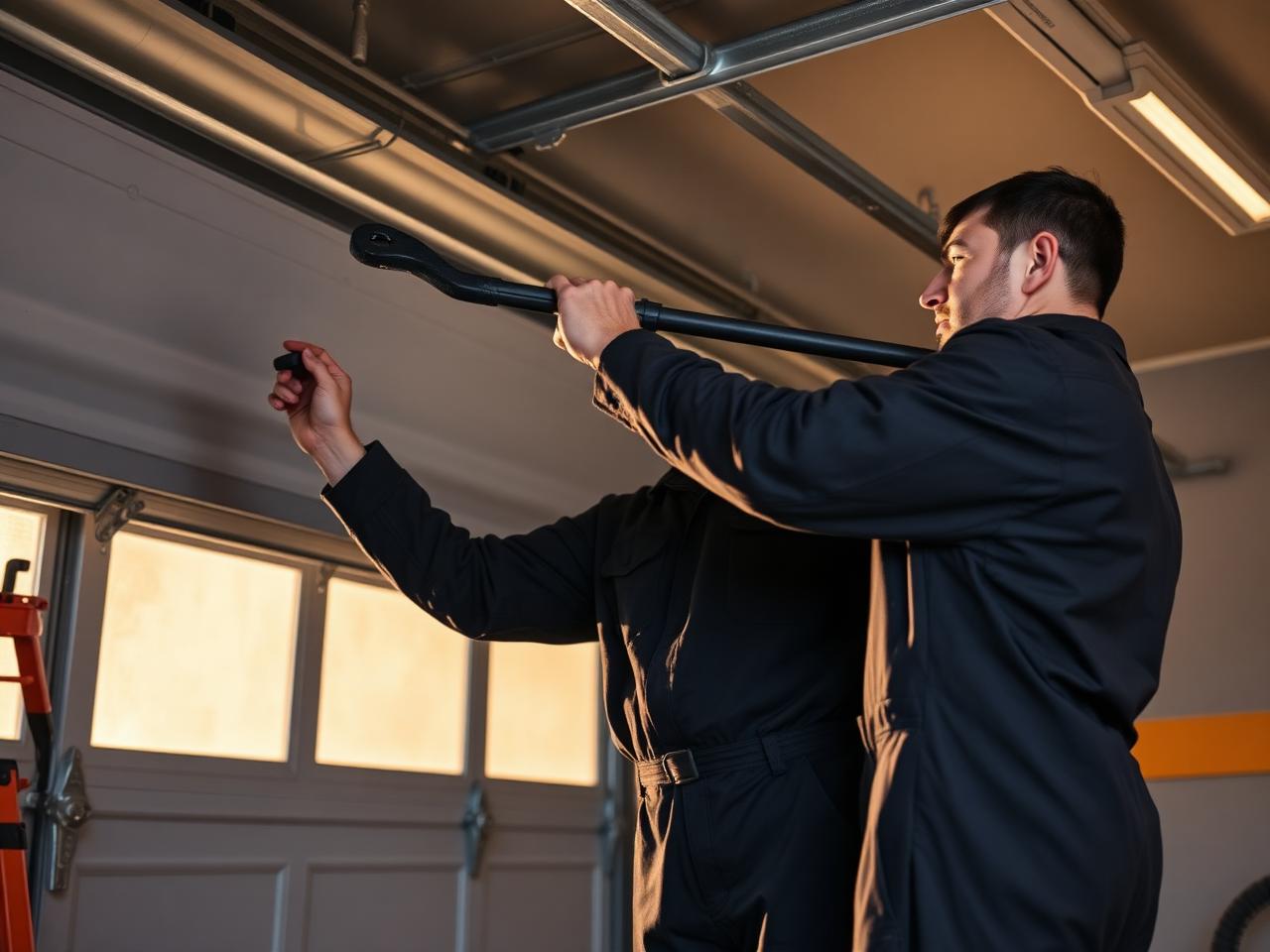 Technician guiding rollers back into the track of an off-track garage door in Fresno, CA