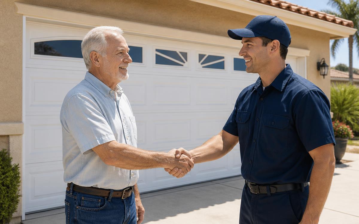 Senior homeowner shaking hands with a garage door technician