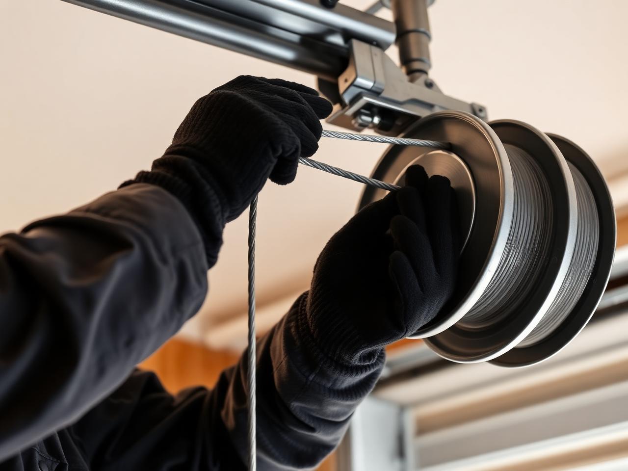 Technician re-stringing a lift cable onto the cable drum of a garage door in Clovis, CA