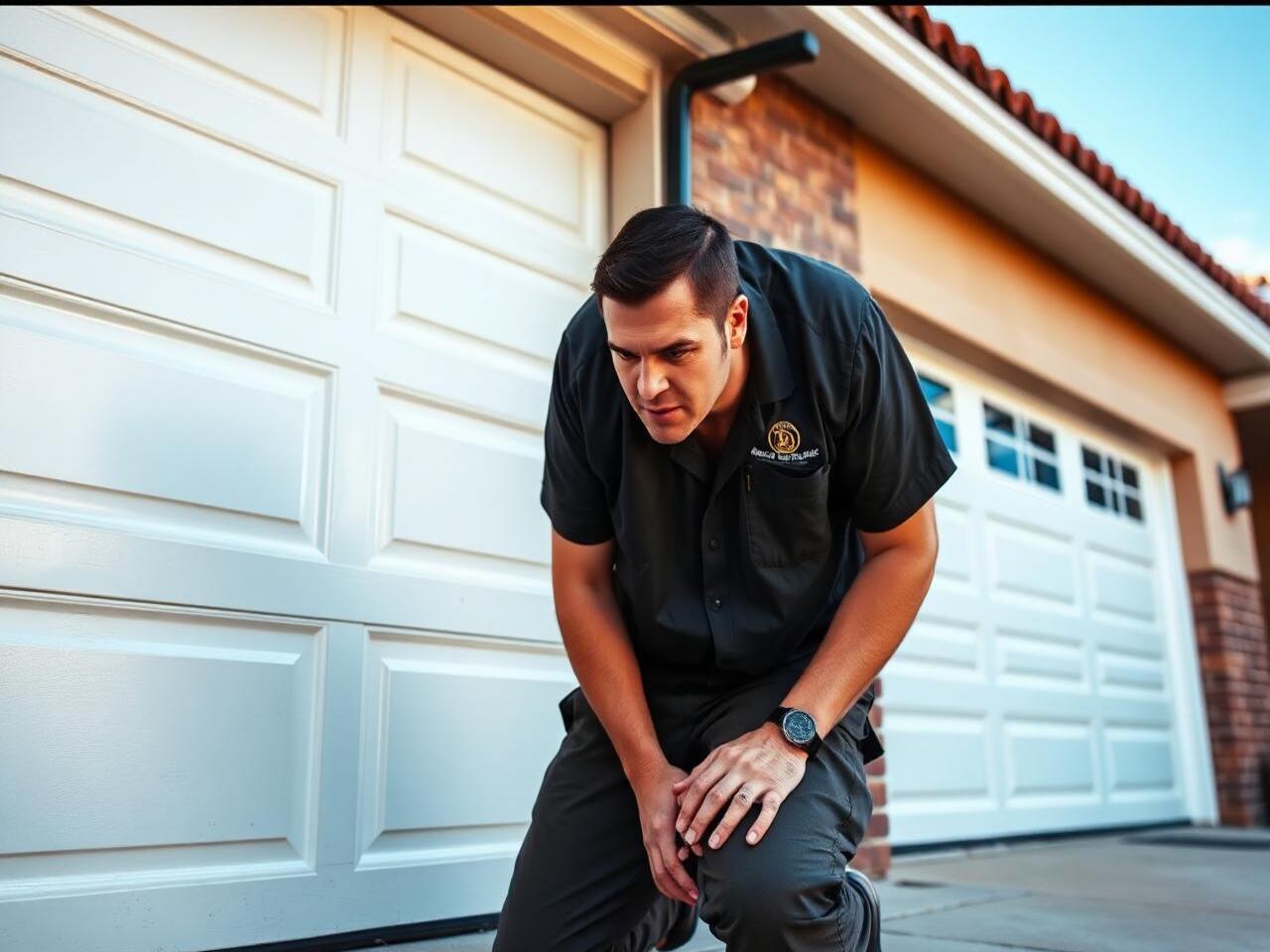 Uniformed Clovis Garage Door Solution technician inspecting a white residential garage door in Clovis, CA