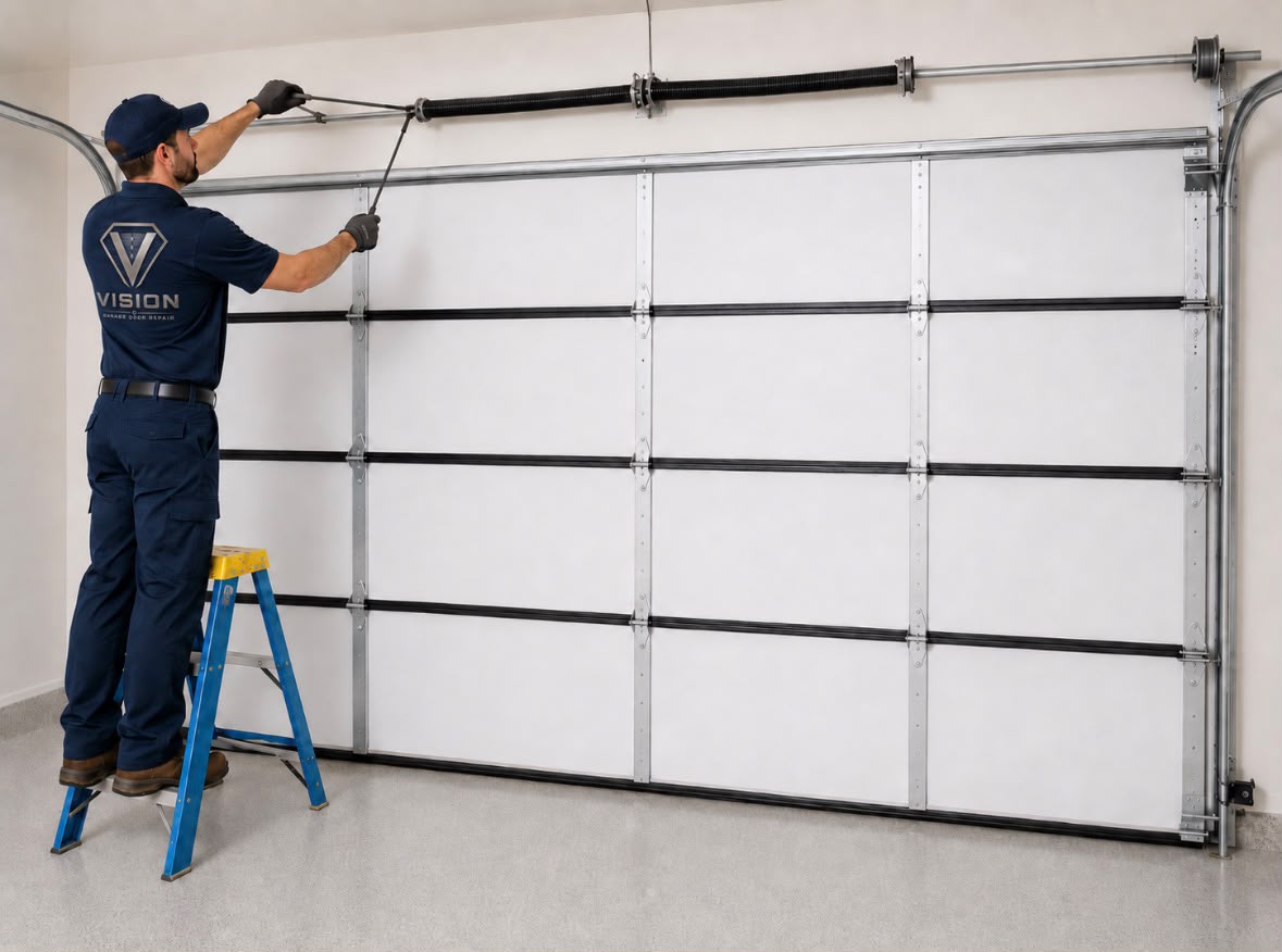 Technician adjusting a torsion spring above a residential sectional garage door