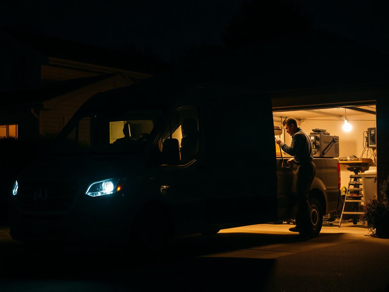 Service van and technician working on a garage door at night during an emergency call in Clovis, CA