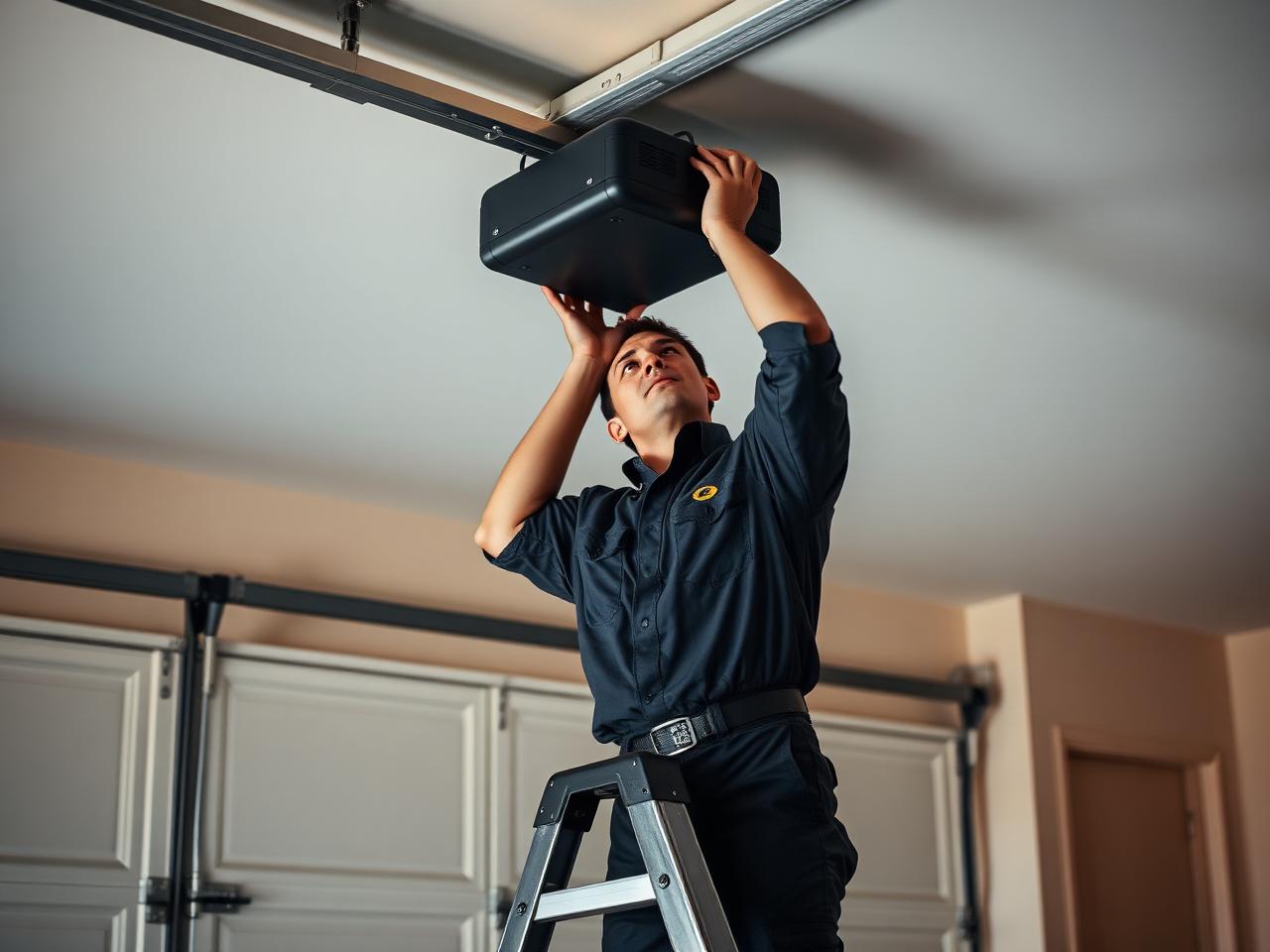 Technician on a ladder installing a ceiling-mounted garage door opener in a Clovis, CA garage