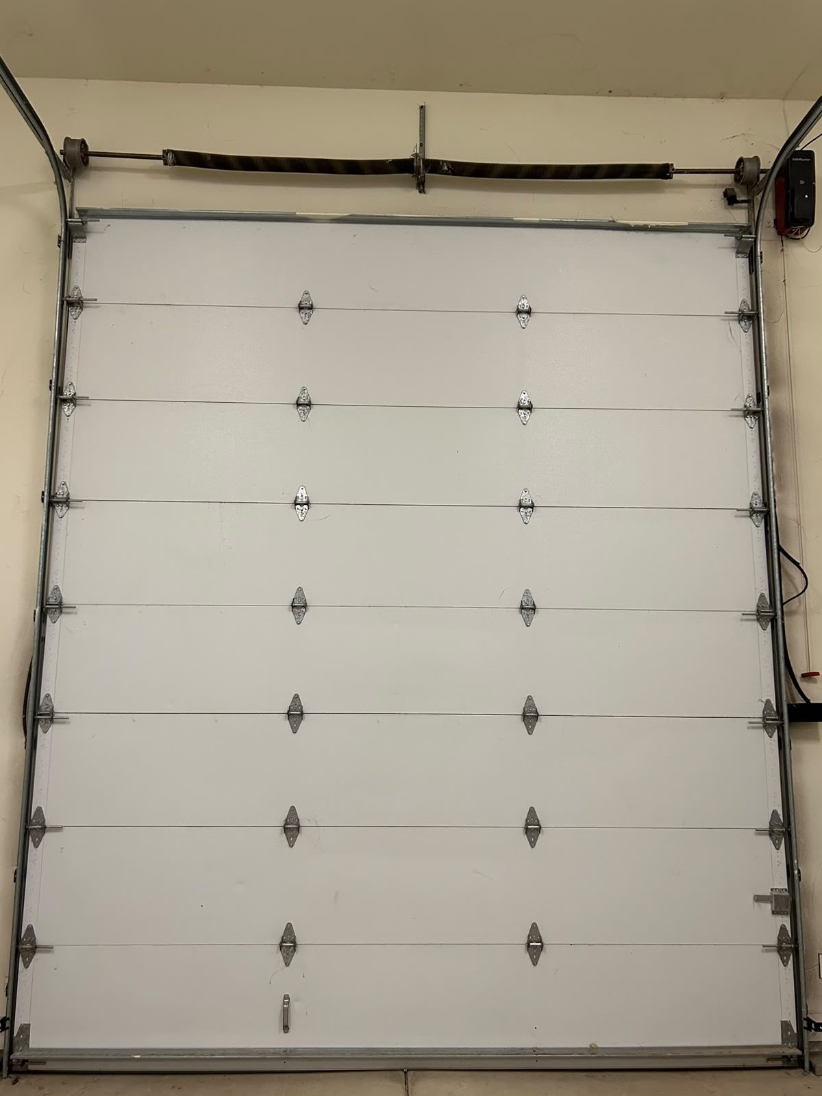 Commercial insulated sectional garage door with torsion spring and LiftMaster jackshaft operator in a Central Valley shop