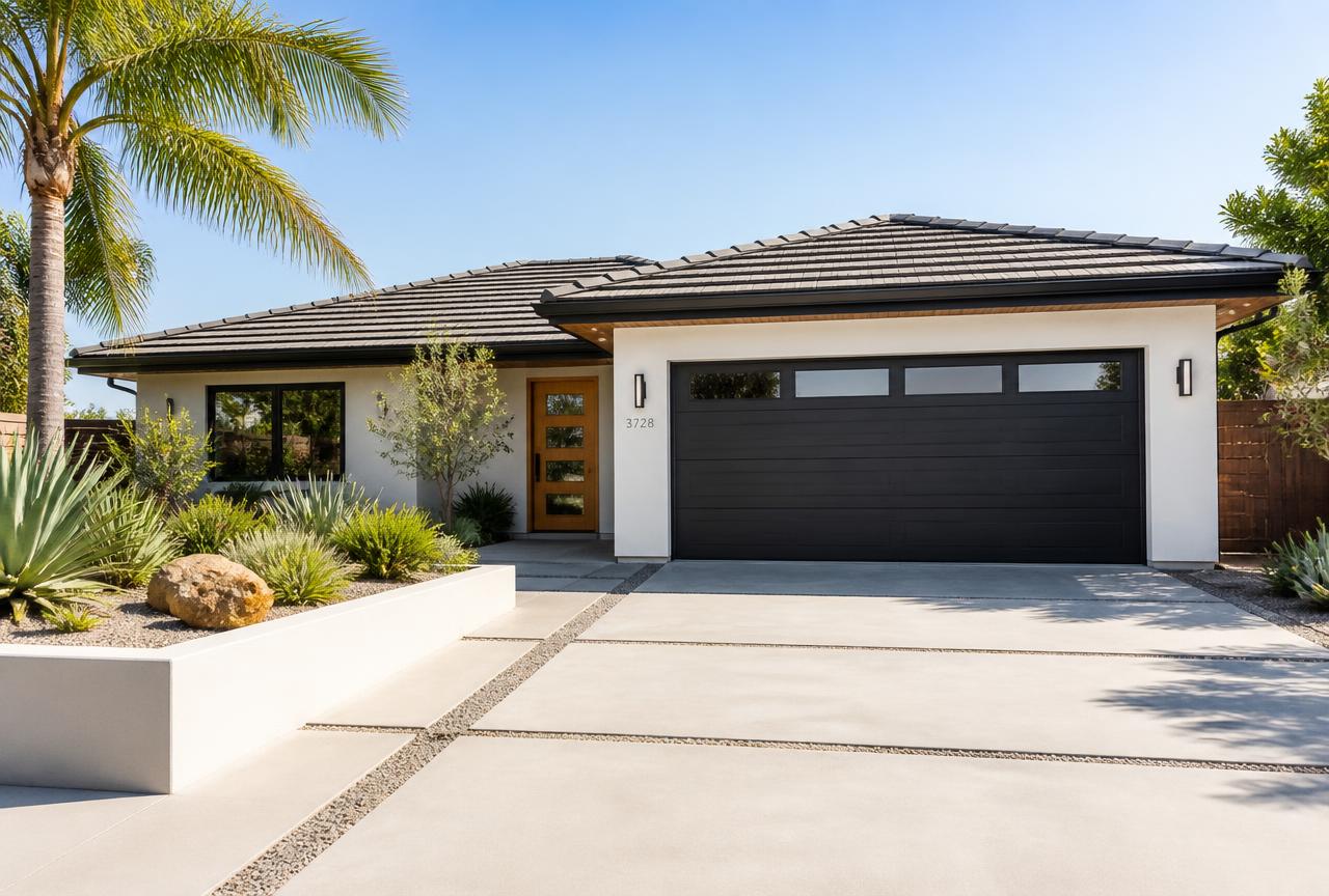New charcoal insulated garage door on a modern California home