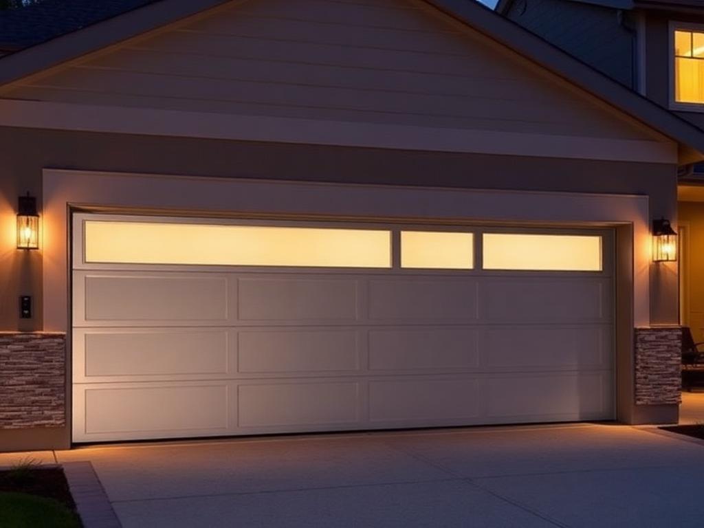 Modern garage door with glass panels lit at dusk