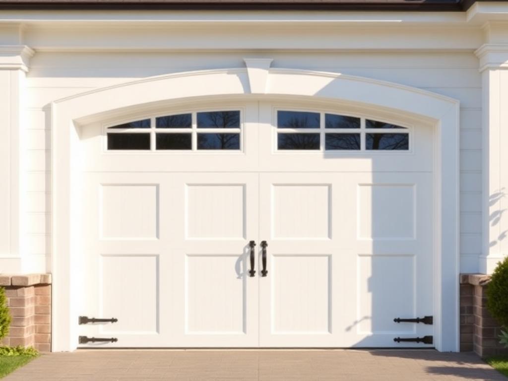 White carriage-house garage door with arched windows and black hardware
