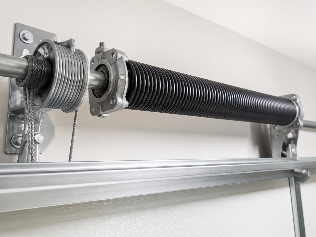 Newly installed torsion spring, cable drum and shaft above a garage door