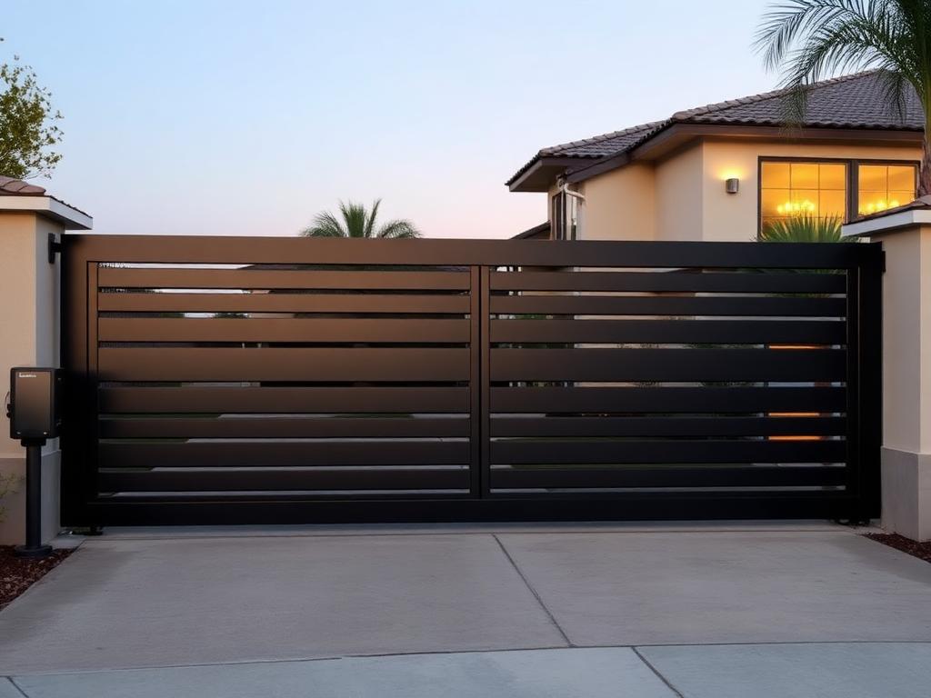 Modern horizontal-slat sliding driveway gate with gate operator