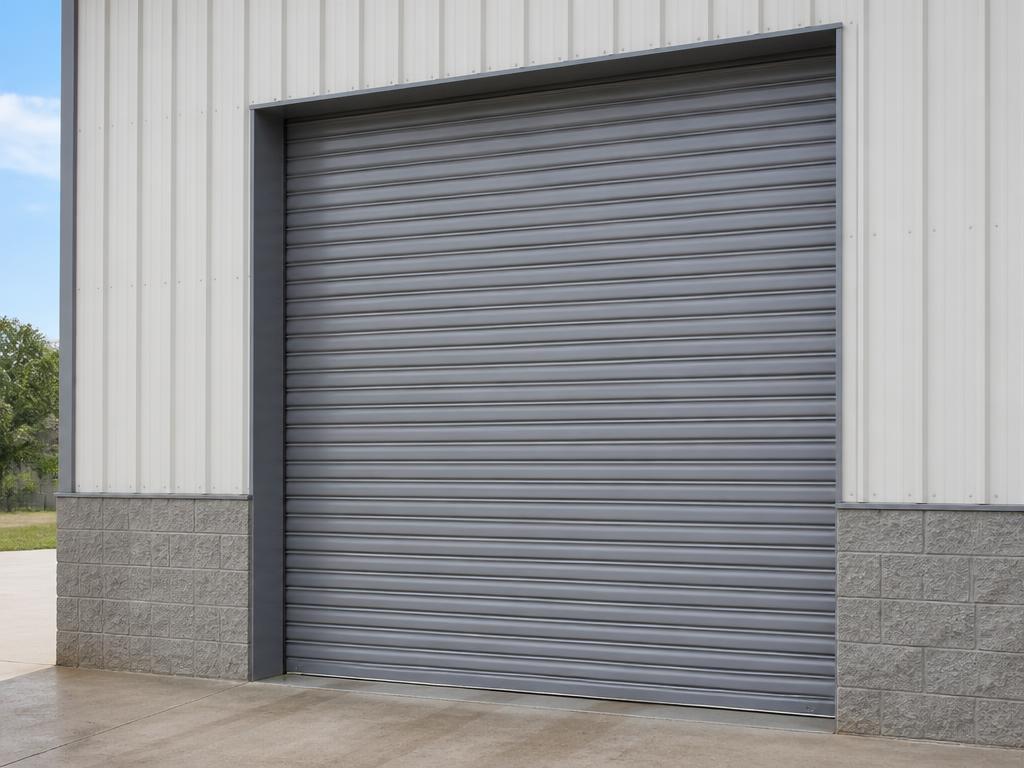 Commercial rolling steel garage door on a warehouse unit