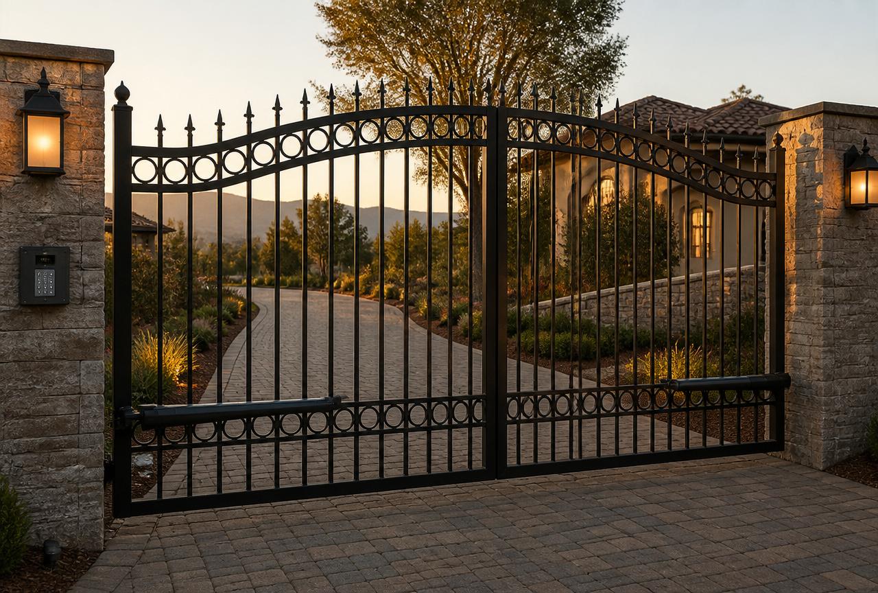 Automatic wrought-iron driveway gate with gate operator arms
