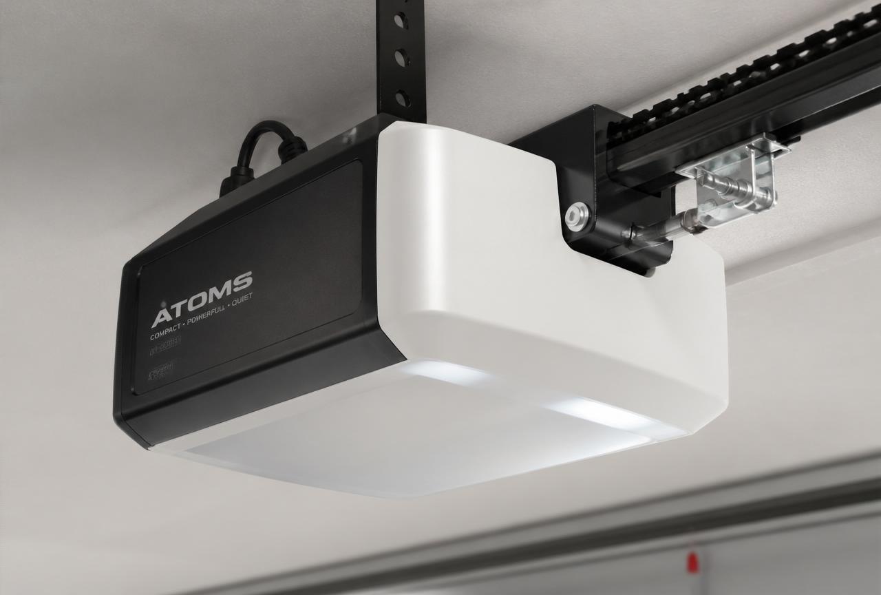 Modern belt-drive garage door opener motor mounted on a garage ceiling