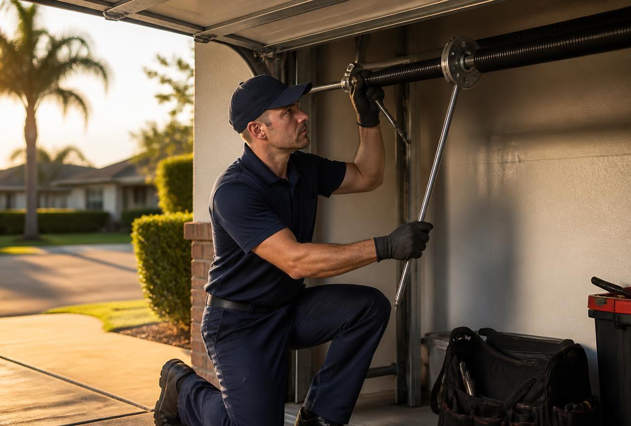 Garage door technician winding a torsion spring on a driveway call